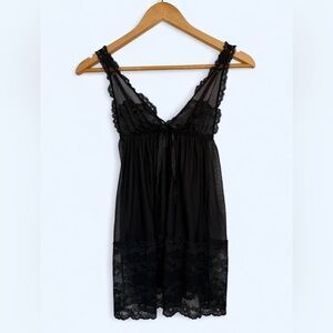 Victoria's Secret Black Lace Babydoll Top Sheer Mesh Slip Dress Y2K Vintage, XS